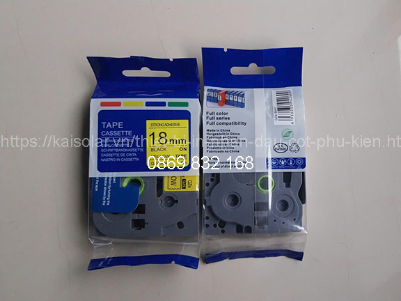 Nhãn in siêu dính TZS-FX641, chữ đen trên nền vàng 18mm, dài 8m