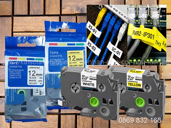 Nhãn in Brother siêu dẻo TZS-FX231, TZS-FX631 chữ đen nền trắng/vàng 12mm, dài 8m 