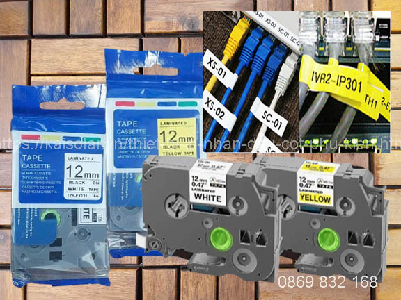 Nhãn in Brother siêu dẻo TZS-FX231, TZS-FX631 chữ đen nền trắng/vàng 12mm, dài 8m 